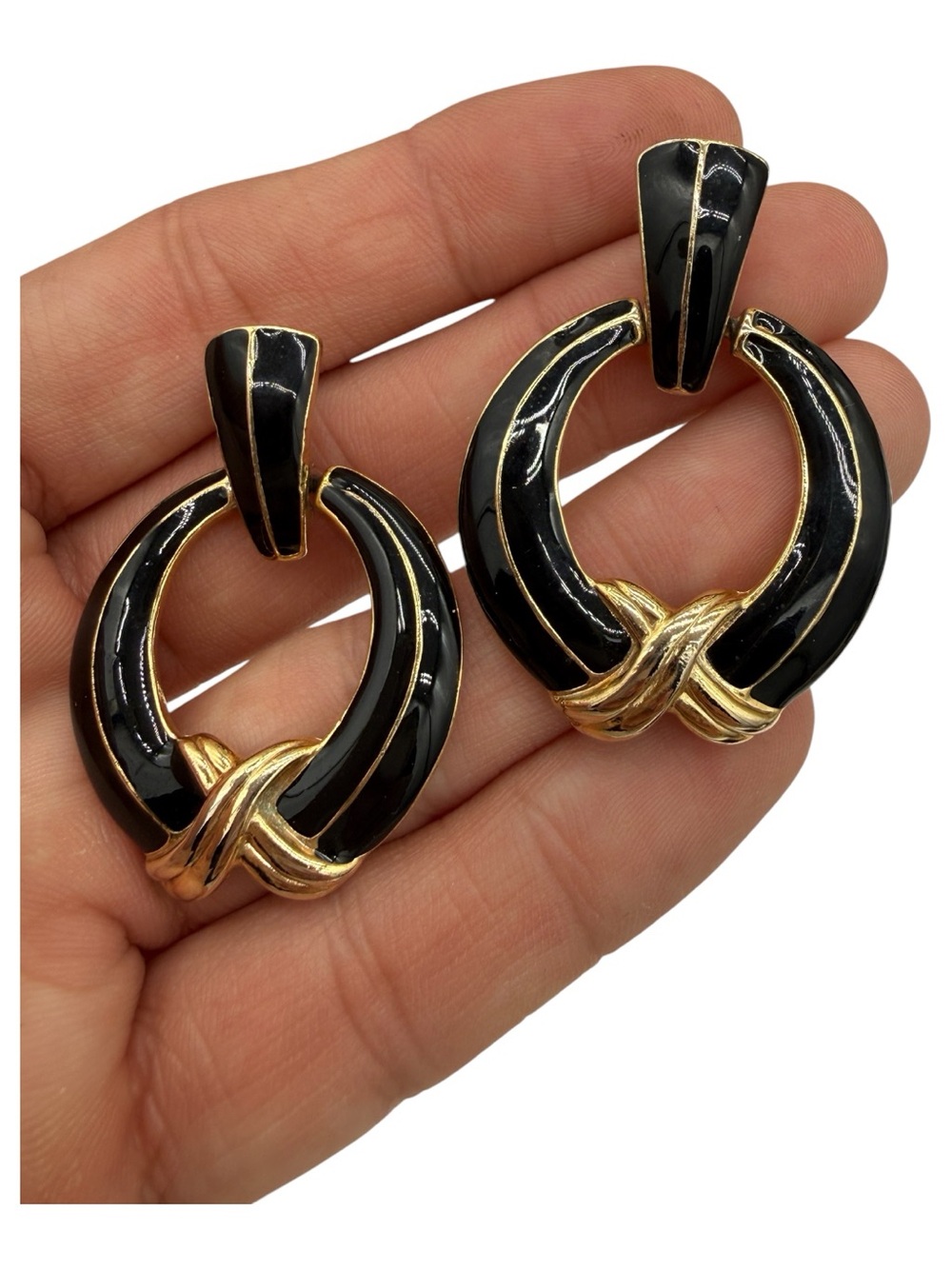 Vintage Black and Gold Enamel Door-Knocker Earrings - 80s- Unsigned